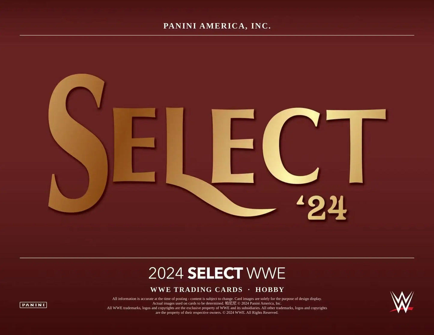 Gold metallic SELECT 24 text logo for 2024 Panini Select WWE Wrestling Hobby Box with two autographs