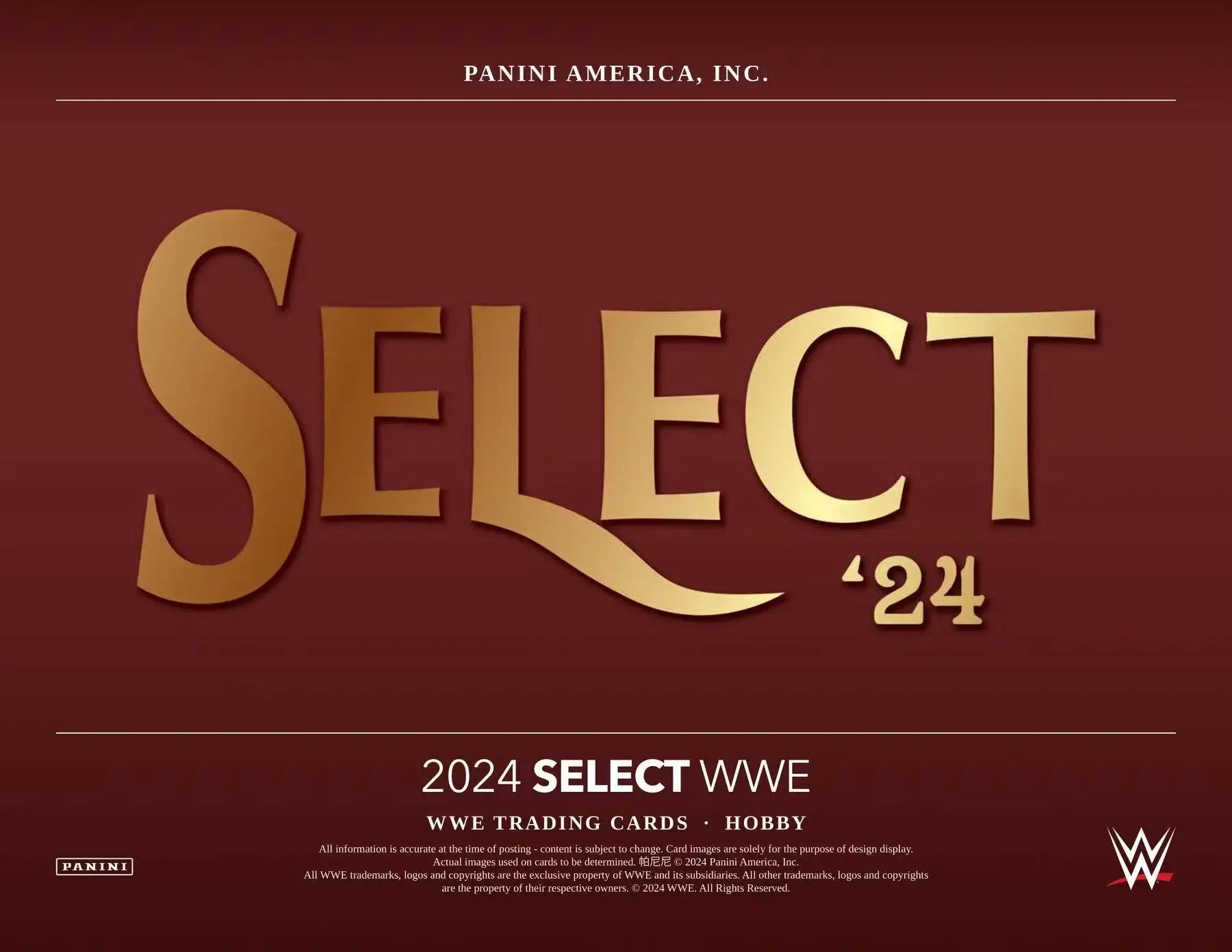 Gold metallic SELECT 24 text logo for 2024 Panini Select WWE Wrestling Hobby Box with two autographs