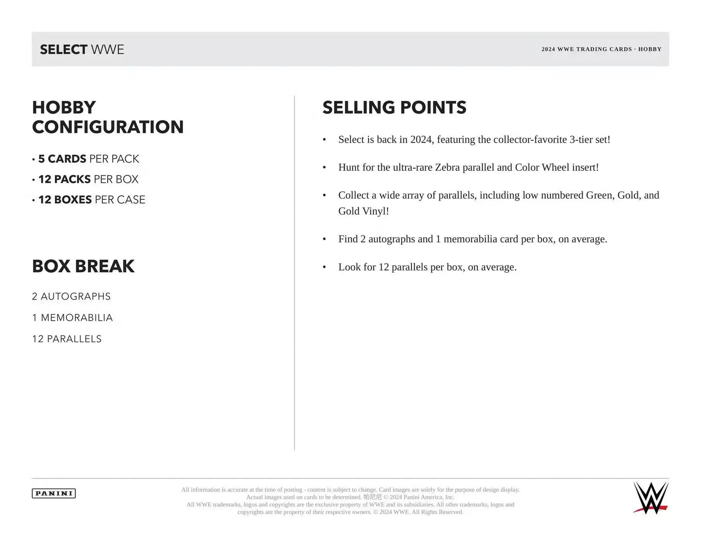 Product information sheet for 2024 Panini Select WWE featuring two autographs and memorabilia card