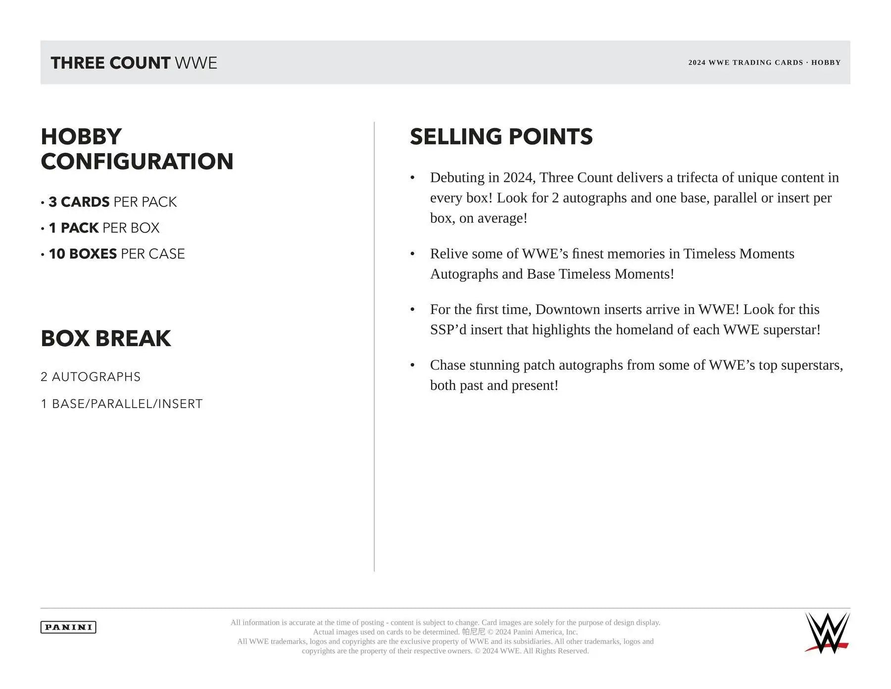 Product information sheet for 2024 Panini Three Count WWE Trading Cards highlighting Timeless Moments