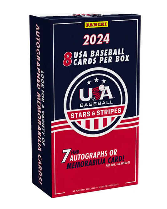 2024 Panini USA Baseball Stars & Stripes trading card box with 8 cards and 7 autographs