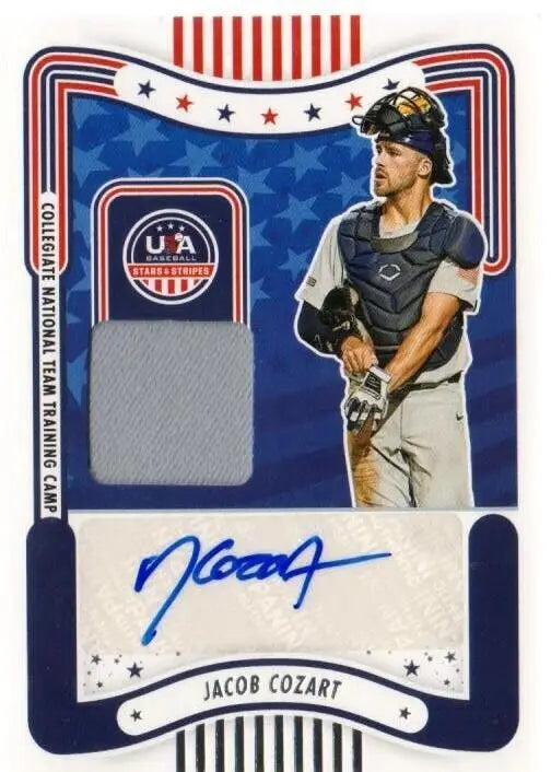 Baseball trading card of Jacob Cozart with autograph and jersey patch from Panini USA Baseball