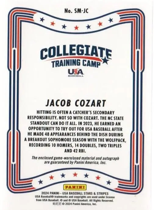 Baseball trading card featuring Jacob Cozart with Panini USA Baseball patriotic design