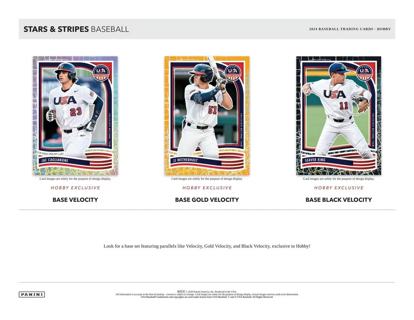 Three baseball cards of Team USA players in white uniforms from Panini USA Stars & Stripes