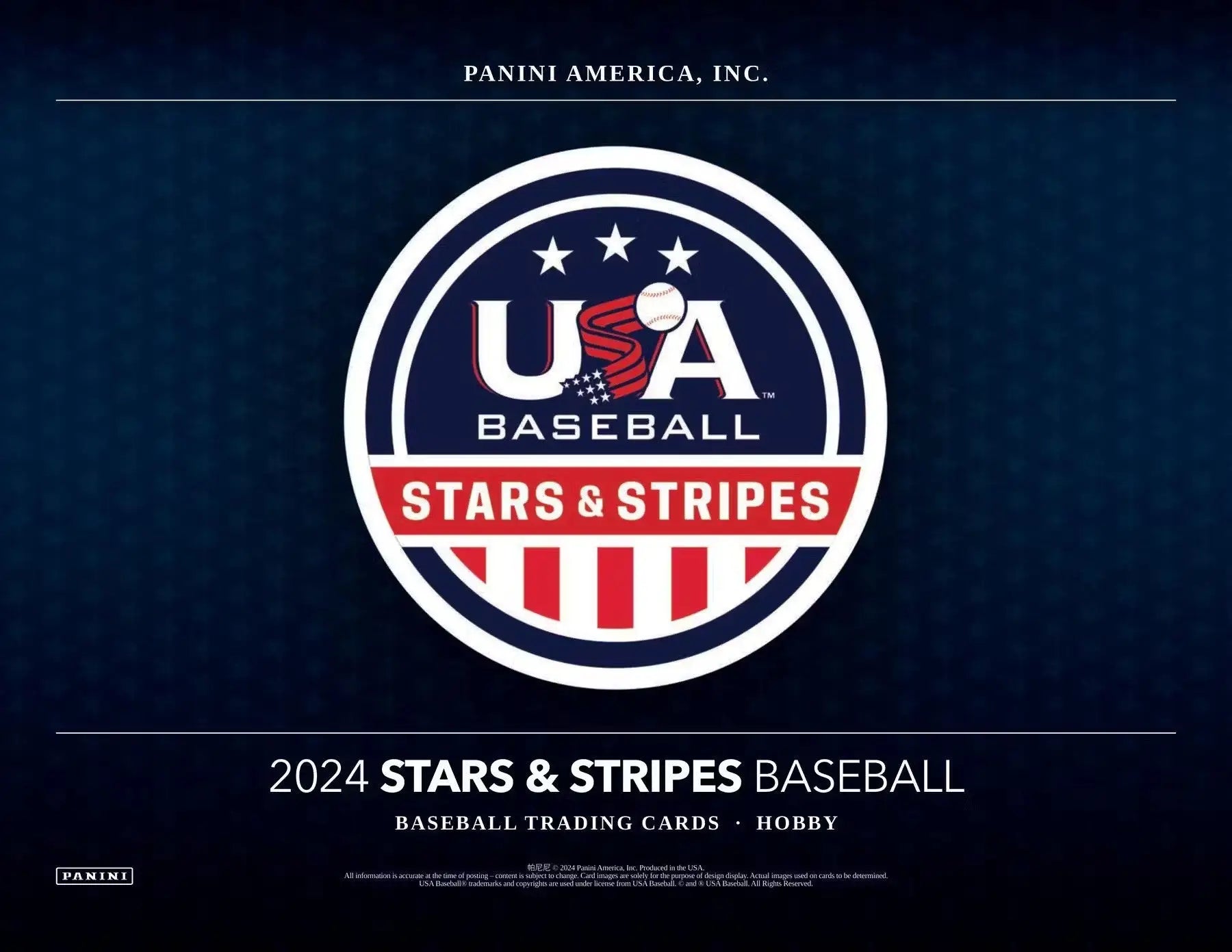 Circular USA Baseball Stars & Stripes logo on 2024 Panini USA collegiate national team box