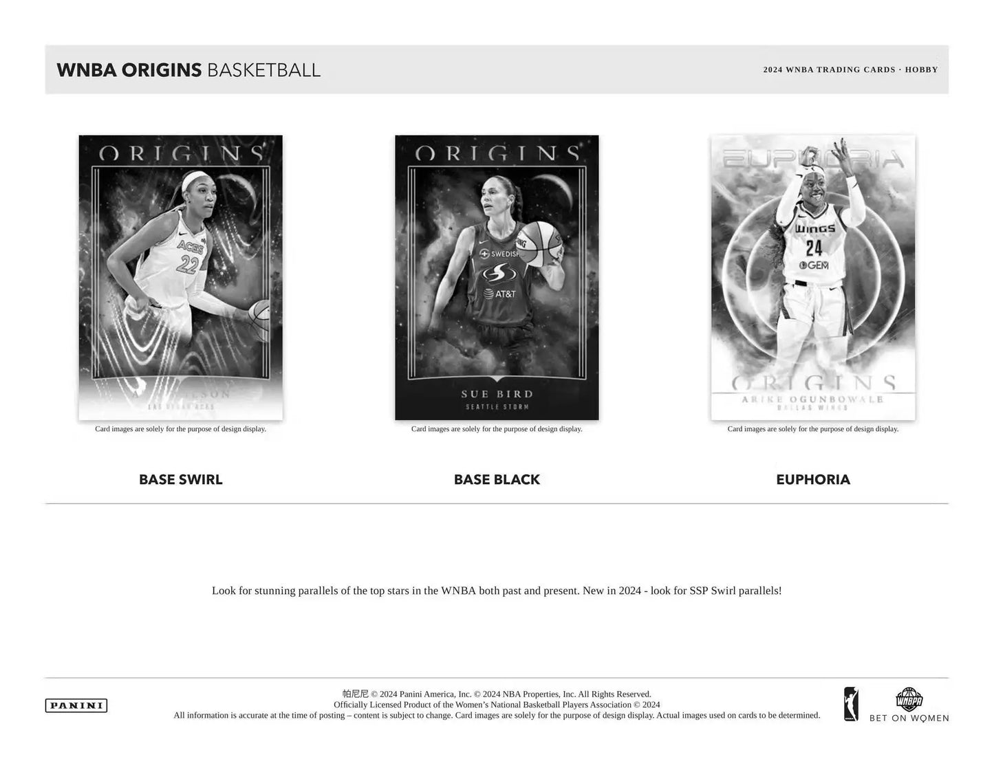 Marketing sell sheet featuring WNBA Origins memorabilia cards in black and white design