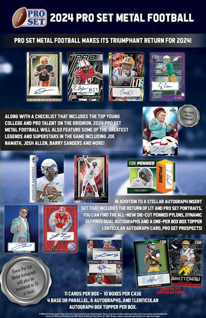 Advertisement poster for 2024 Pro Set Metal Football trading card collection designs