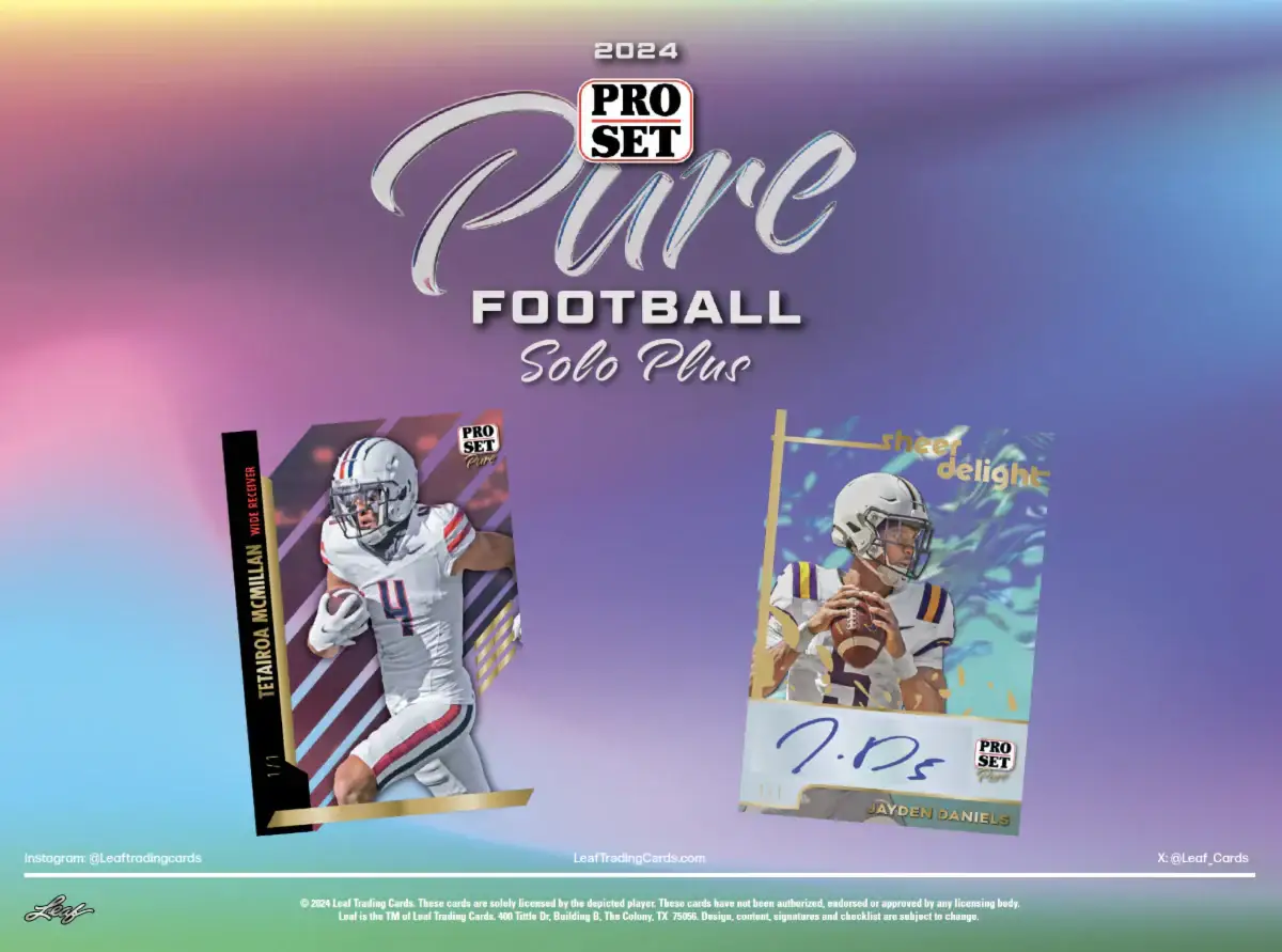 2024 Pro Set Pure Football Hobby Box advertisement with holographic player cards