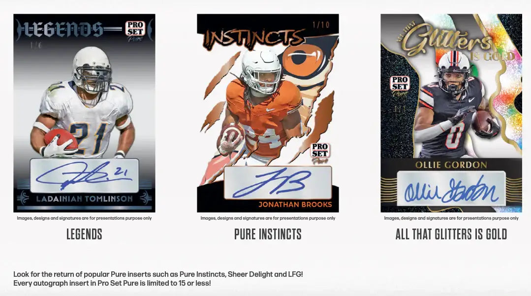 Three autographed football trading cards from Pro Set Pure Football Hobby Box