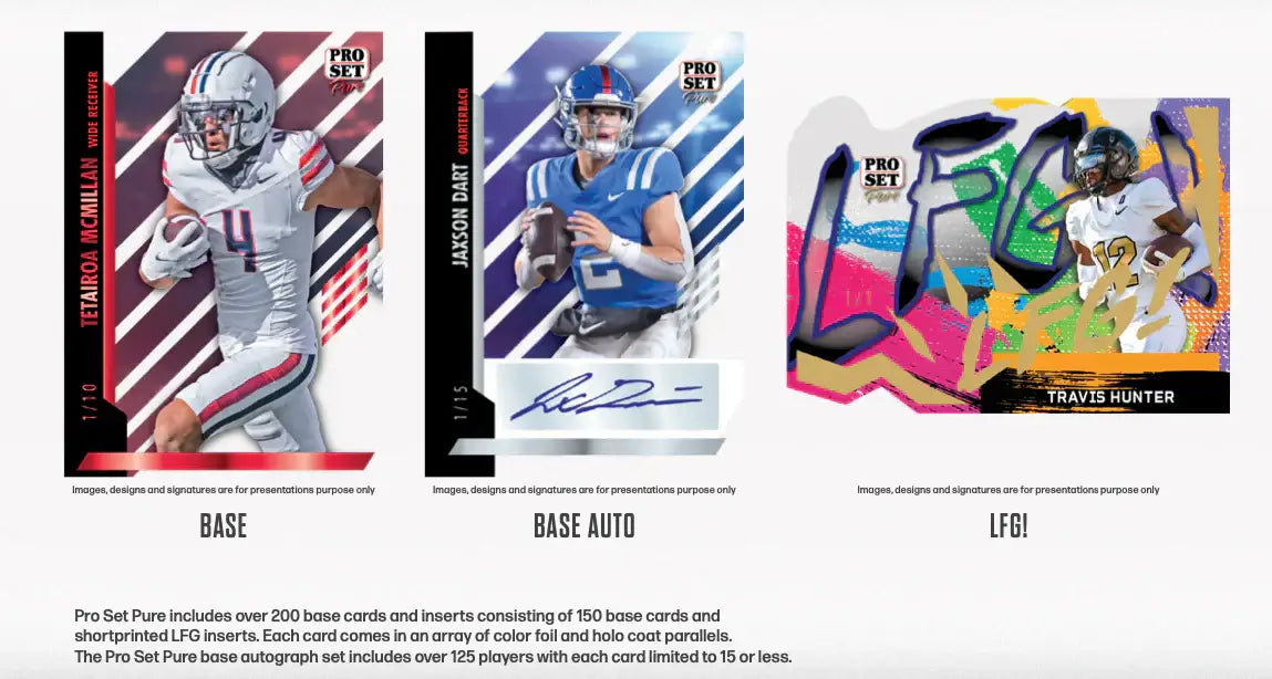 Three NFL trading cards in different poses from the 2024 Pro Set Pure Football