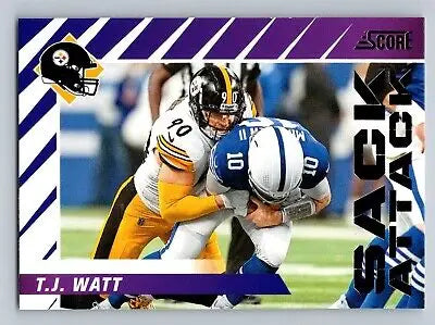 Football card of 2024 Score #1 T.J. Watt Sack Attack Purple featuring Watt Sack artwork