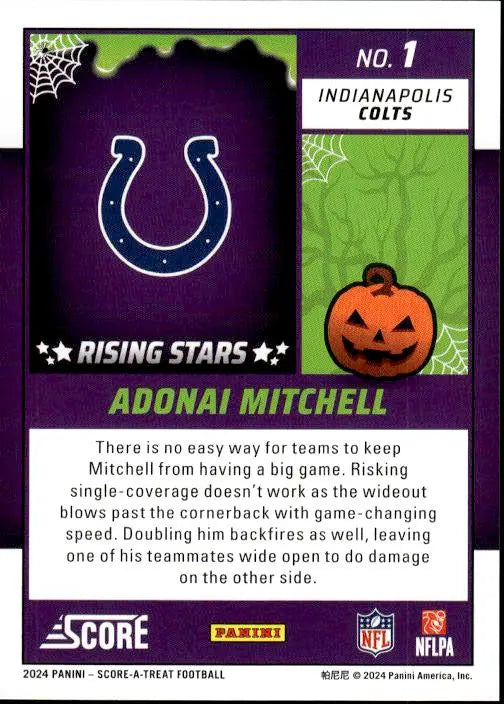 Indianapolis Colts horseshoe logo in neon blue on dark purple backdrop for Adonai Mitchell