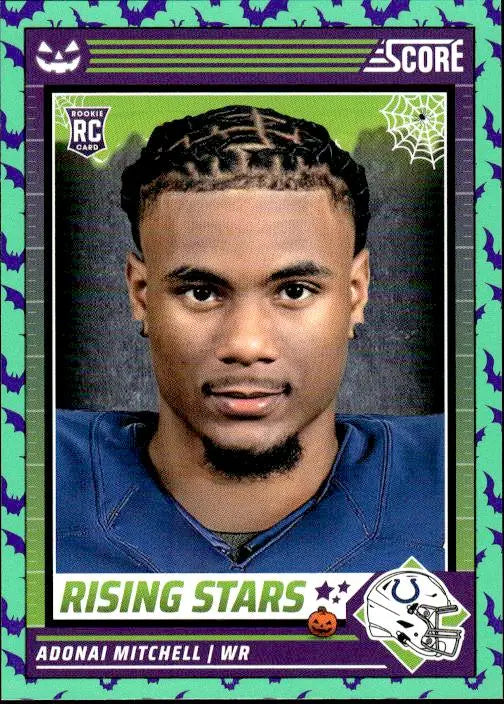 Football trading card of Adonai Mitchell with purple and green border design