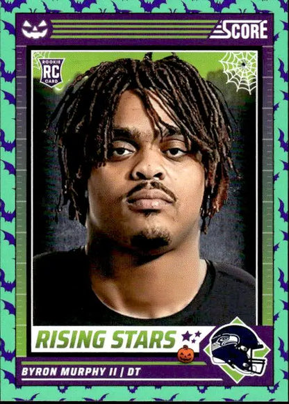 Football trading card of Byron Murphy II with purple and green border for 2024 Score-A-Treat