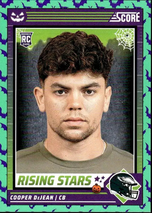 Football trading card of Cooper DeJean with Halloween-themed border in 2024 Score-A-Treat