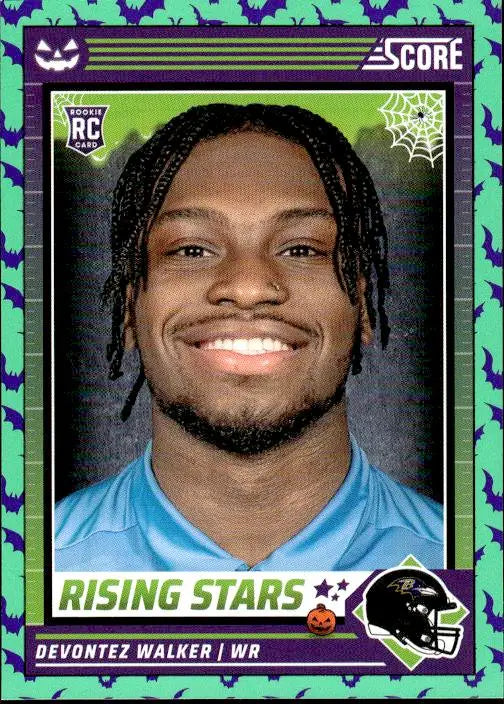 Football trading card featuring Devontez Walker with Halloween-themed border design