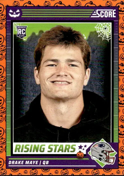 Football trading card featuring Drake Maye with Halloween-themed orange border