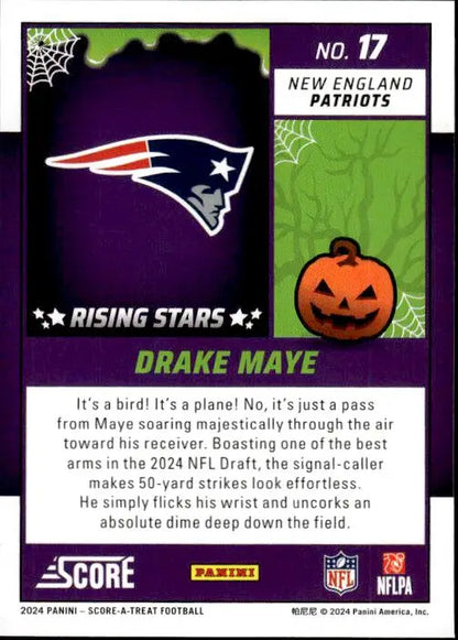 New England Patriots trading card with logo and Halloween pumpkin for Drake Maye