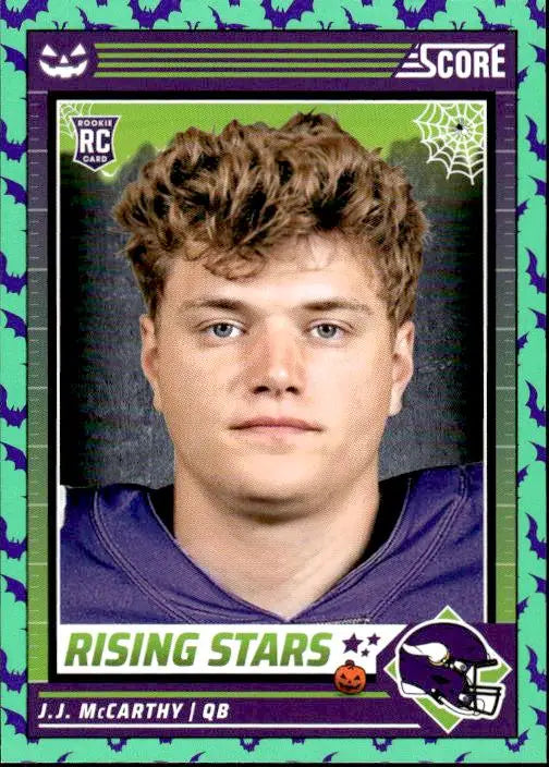 Trading card of J.J. McCarthy in purple jersey with Halloween-themed border decorations