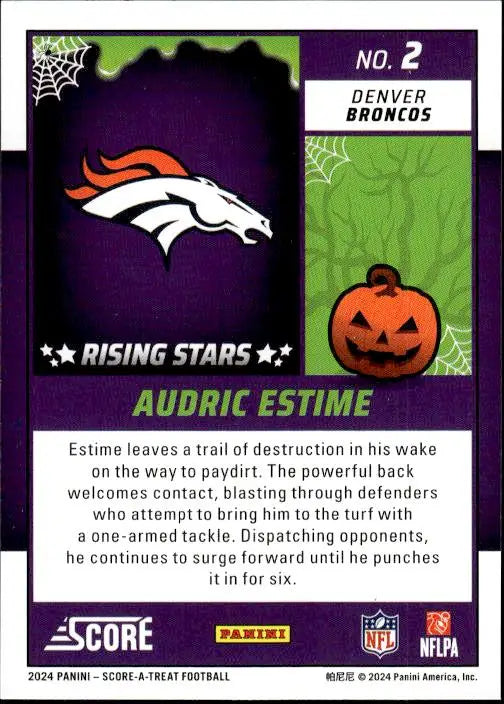 Denver Broncos logo with white horse head and orange mane on purple for Audric Estime treat