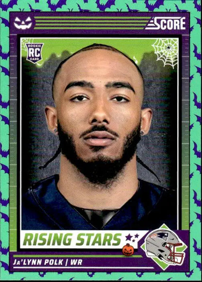 NFL rookie trading card featuring Ja’Lynn Polk with Halloween-themed border design