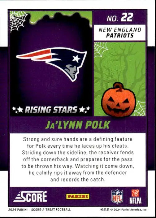 Football trading card showcasing New England Patriots logo with Halloween pumpkin decoration