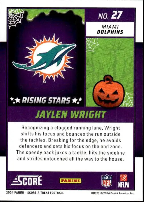 Miami Dolphins logo with teal dolphin in orange sunburst on purple for Jaylen Wright A-Treat