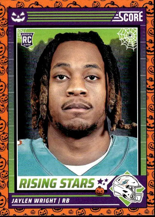 Miami Dolphins player Jaylen Wright on 2024 Score-A-Treat football card with orange Halloween border