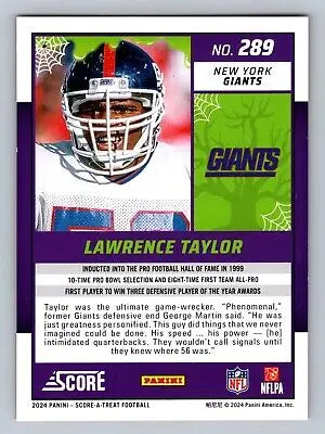 Lawrence Taylor football card from 2024 Score-A-Treat featuring orange pumpkins design