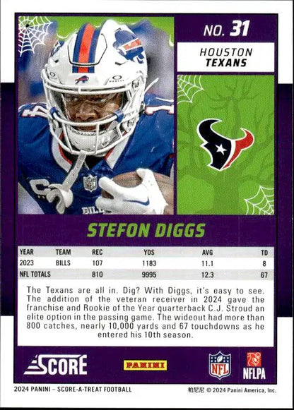 NFL trading card of Stefon Diggs in white helmet, featured in 2024 Score-A-Treat