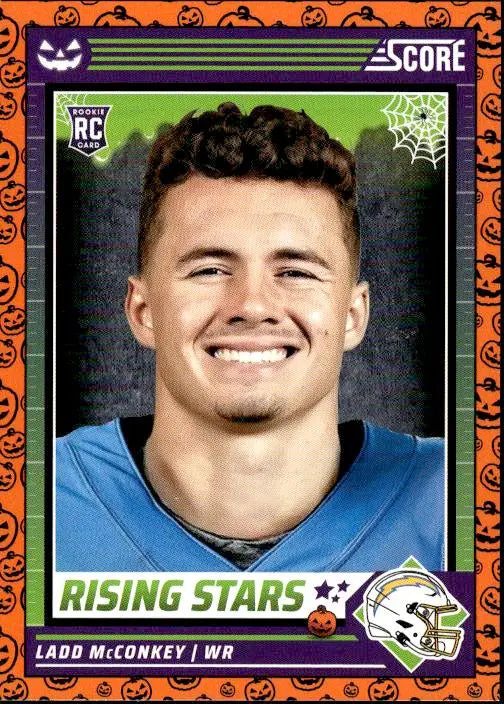 Football trading card featuring Ladd McConkey with Halloween orange border and spooky decor