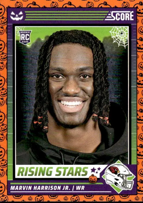 Football trading card of Marvin Harrison Jr. with Halloween-themed border and green frame