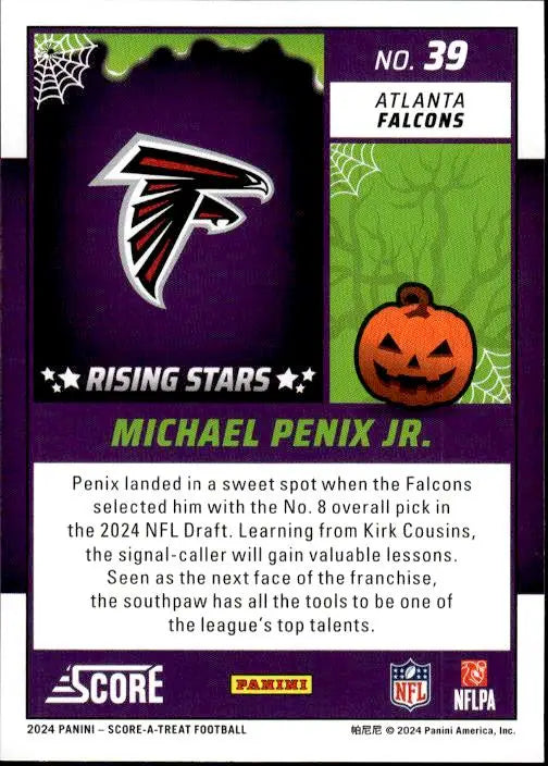 NFL trading card of Michael Penix featuring Atlanta Falcons logo and Halloween decorations