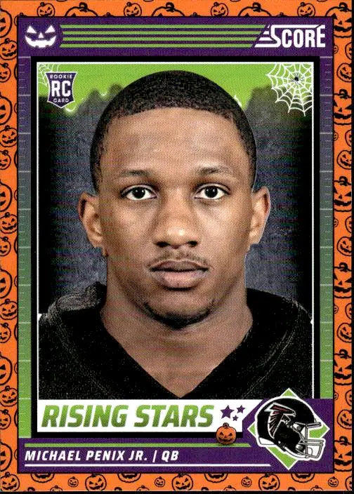 Football trading card of Michael Penix Jr. with Halloween-themed orange border