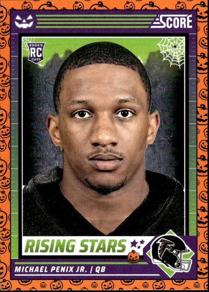 Football trading card of Michael Penix Jr. with Halloween-themed orange border