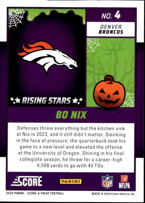 Football trading card featuring Denver Broncos logo with Halloween-themed jack-o’-lantern design