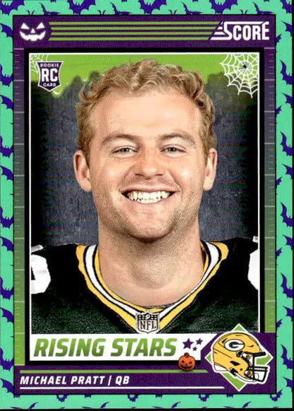 Green Bay Packers trading card featuring Michael Pratt with Halloween purple and green borders