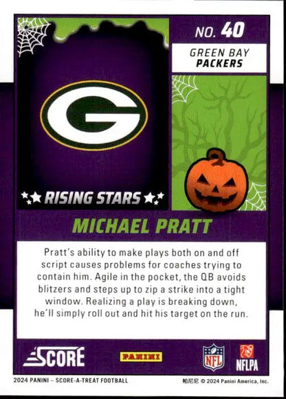 Green Bay Packers Halloween trading card featuring Michael Pratt with pumpkin decor