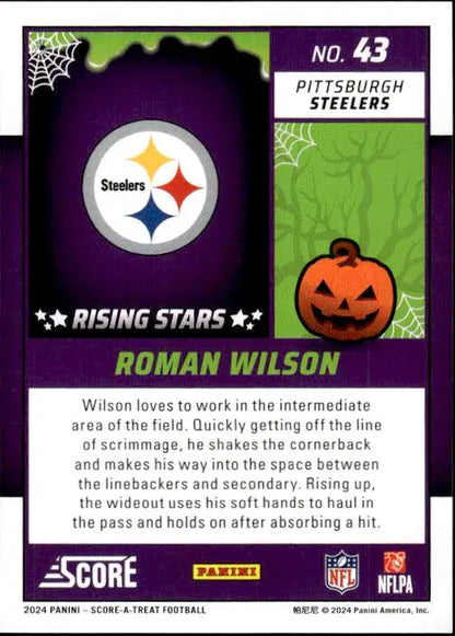 NFL trading card of Roman Wilson featuring Pittsburgh Steelers logo and Halloween pumpkin decor