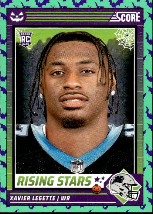 NFL rookie trading card featuring Xavier Legette with Halloween design and green border