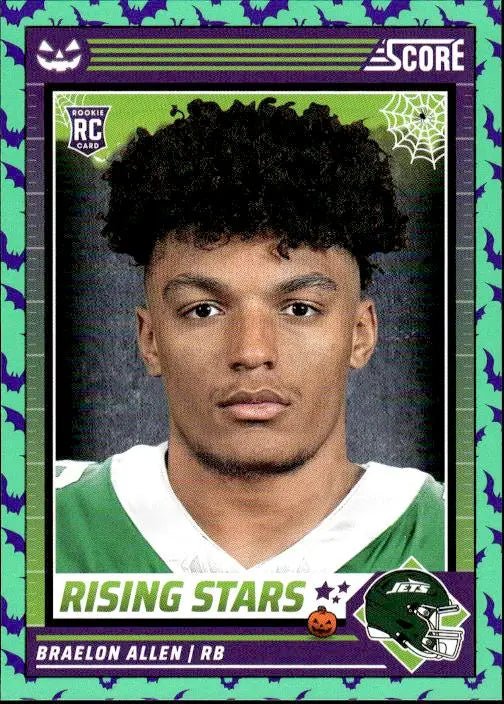 New York Jets rookie trading card of Braelon Allen in green and purple border design