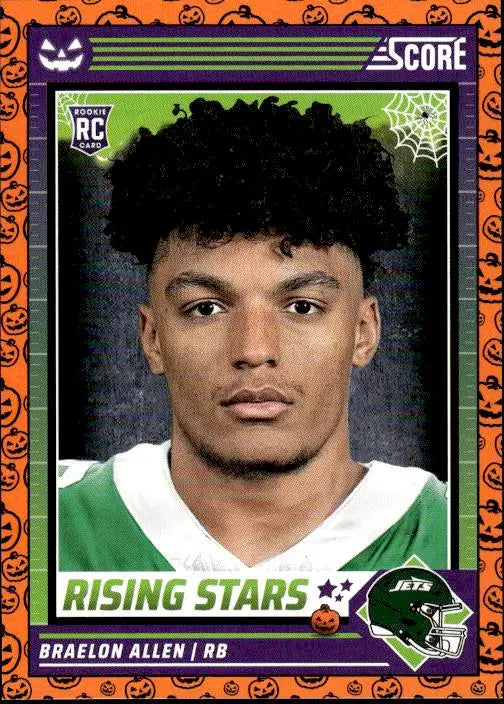 Football trading card featuring Braelon Allen with Halloween orange border and spooky design