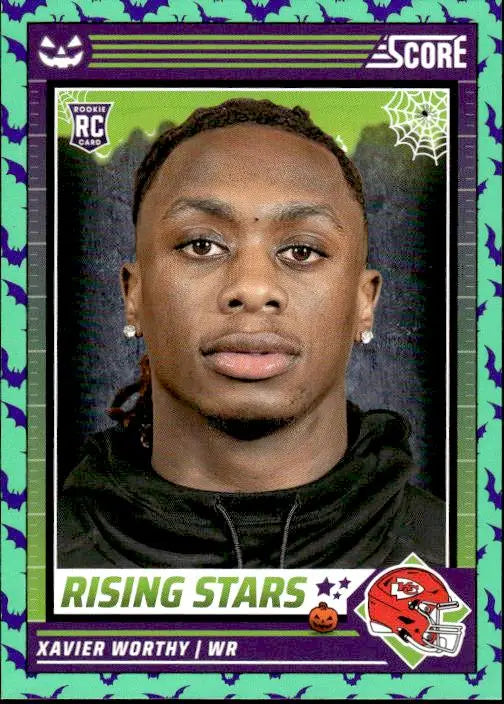 Kansas City Chiefs rookie trading card of Xavier Worthy with Halloween-themed border design