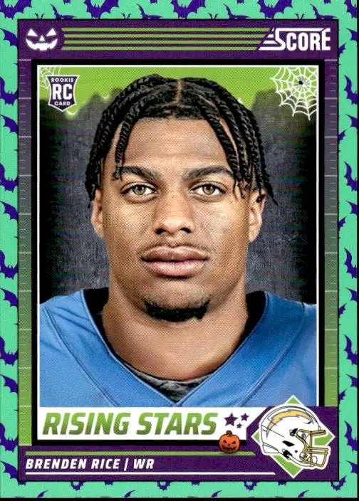 Football trading card of Brenden Rice, Detroit Lions wide receiver in blue jersey