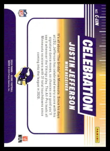 Purple and gold Score Celebration trading card featuring Justin Jefferson with original gloss