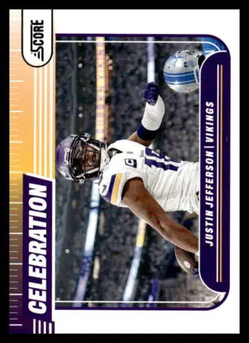 Football trading card of TCU player making a catch, featuring Score Celebration Justin Jefferson