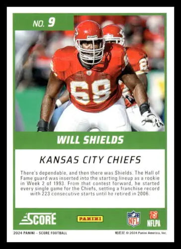 Will Shields football card from 2024 Score First Ballot, NM-MT condition for Chiefs fans