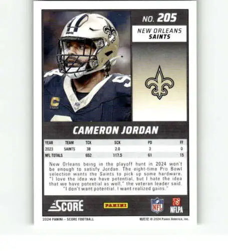 Cameron Jordan football card 2024 Score Green #205 original gloss NM-MT Saints