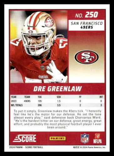 Dre Greenlaw football card featuring original gloss from 2024 Score Green #250 49ers