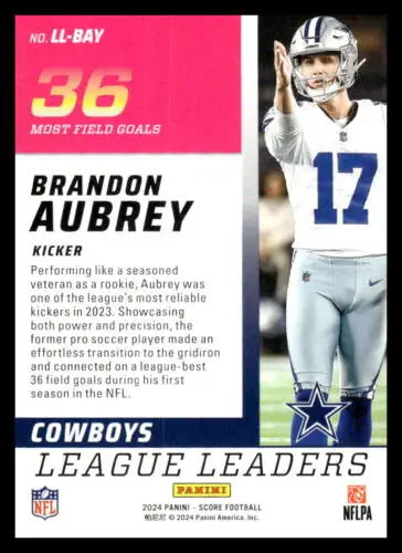 Brandon Aubrey football card from 2024 Score League Leaders featuring original gloss